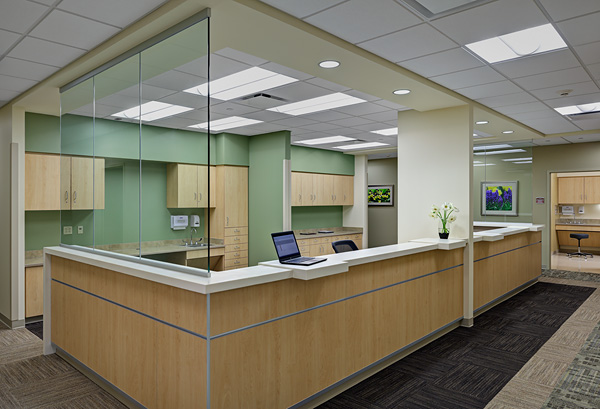 Hospital corridor with specialized hygienic ceiling system